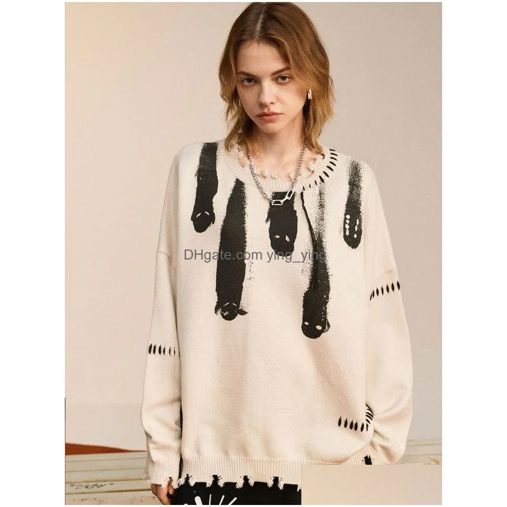 hip hop knitted sweaters men vintage hole streetwear casual o-neck pullover unisex