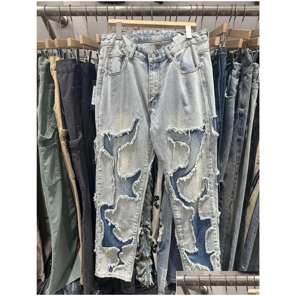 real pics distressed jeans men`s blue fashion trousers hip-hop street hole denim pants