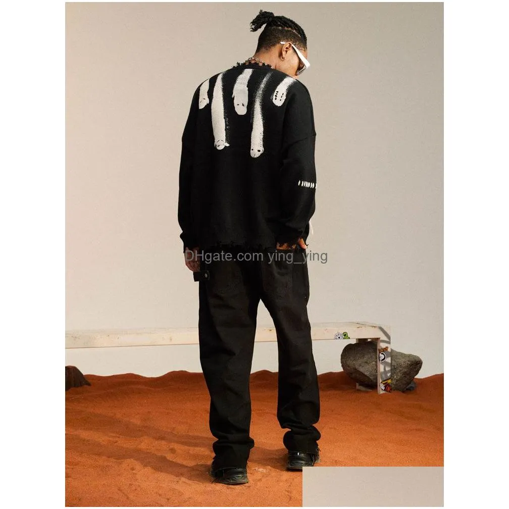 hip hop knitted sweaters men vintage hole streetwear casual o-neck pullover unisex