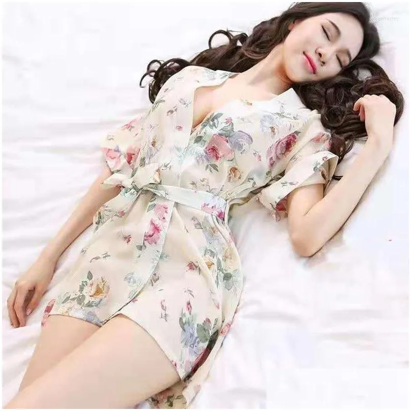 Women`S Sleepwear Womens Sleepwear Pajamas Chiffon Bathrobe Robe Lingerie Erotic Y Women Home Clothes See-Through Baby Doll Drop Deli Otbmk