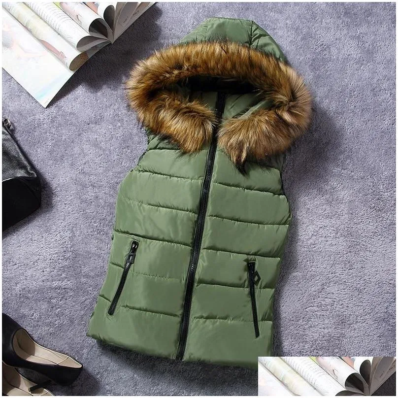 Women`S Vests Womens Vests 2021 Autumn Winter Fashion Short Style Solid Color Fur Collar Hooded Zipper Thick Warm Down Cotton Vest Wom Oto0Q