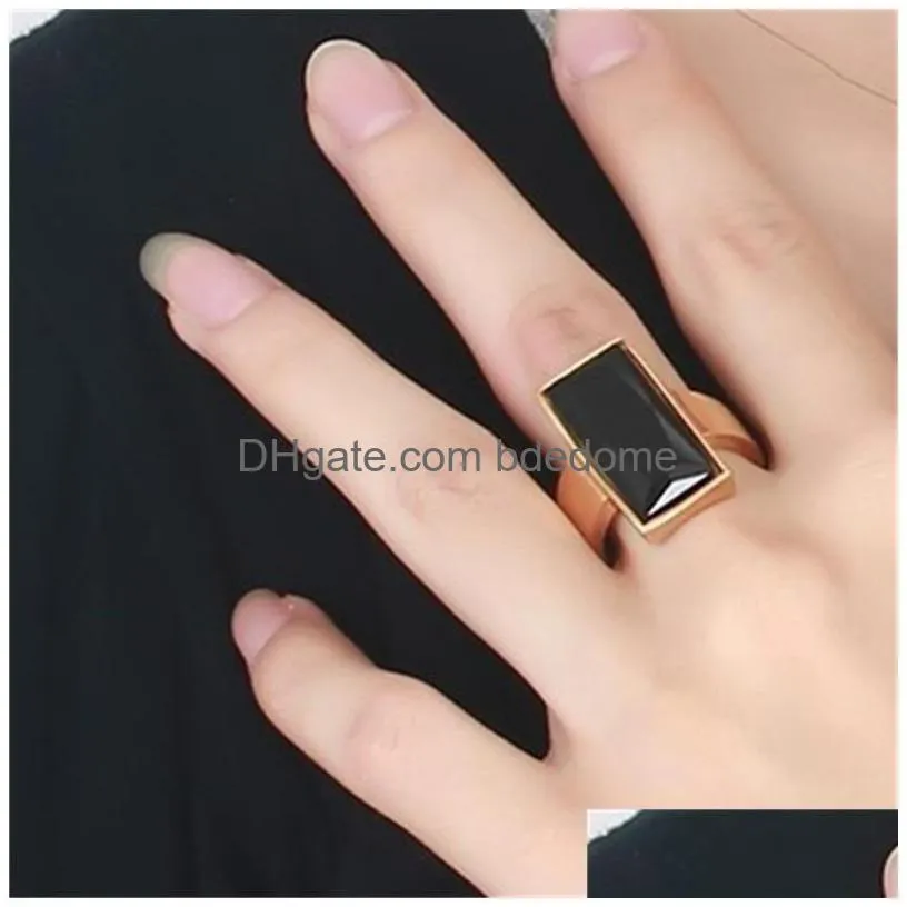 Cluster Rings Womens Rings Stainless Steel Gold-Color Rectangar Black Glass Crystal Ring For Women Fashion Jewelry Best Friend Gift1 Dh8Lc