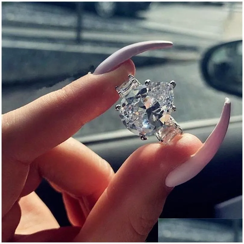 Wedding Rings Alloy Size 5-10 Top Sell Wedding Luxury Jewlry Sier Water Drop Pear Cut White Topaz Big Cz Diamond Gemstones Women Band Dhaic