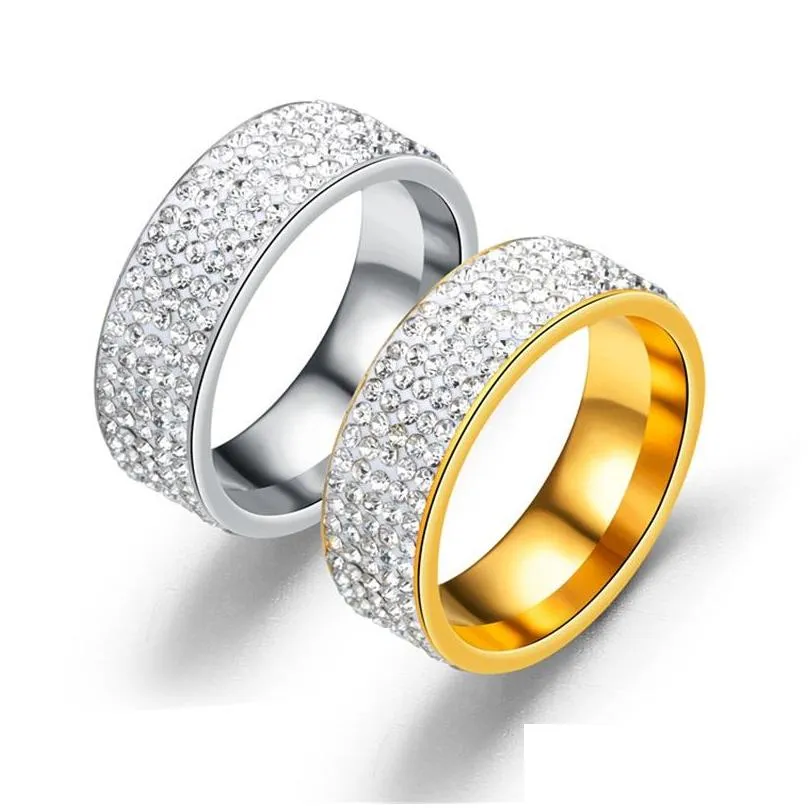 Band Rings Stainless Steel Sier Zircon Five-Row Ring Women Men Stylish 8Mm Gold Couple Wedding Nqdjg Pqedg 1003 Q2 Drop Delivery Jewe Dh9Db