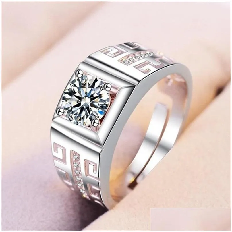 Solitaire Ring Men Jewelry Platinum/Gold/Rosegold Plated Solitaire Bezel Set Cz Crystal Groove Band Pinky Ring Us Size8-10 583 Z2 Dro Dh2Tc