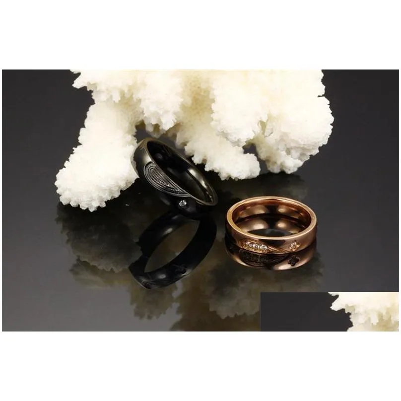 Couple Rings Fashion Black Rose Gold White Rhinestone Titanium Steel Couple Rings Set Men Women Engagement Wedding 1648 T2 Drop Deliv Dhcba