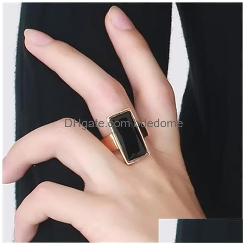 Cluster Rings Womens Rings Stainless Steel Gold-Color Rectangar Black Glass Crystal Ring For Women Fashion Jewelry Best Friend Gift1 Dh8Lc