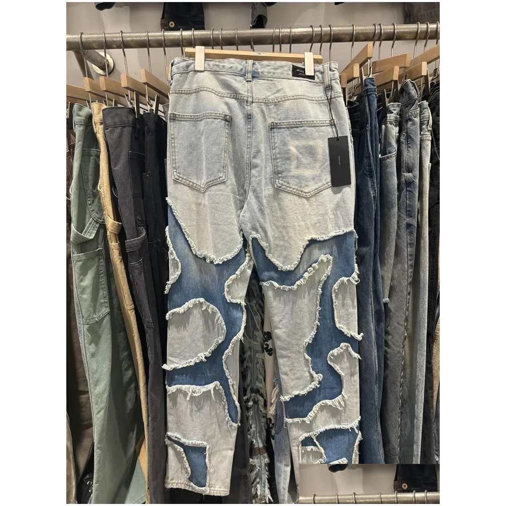 real pics distressed jeans men`s blue fashion trousers hip-hop street hole denim pants