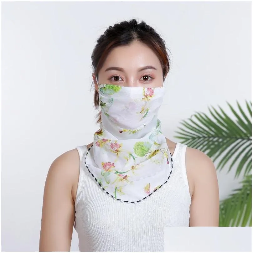 Scarves Summer Anti Sunburn Silk Scarf Hanging Ear Printing Veil Ventilation Chiffon Face Shield Women New Pattern Mask Cycling Windbr Dhu59