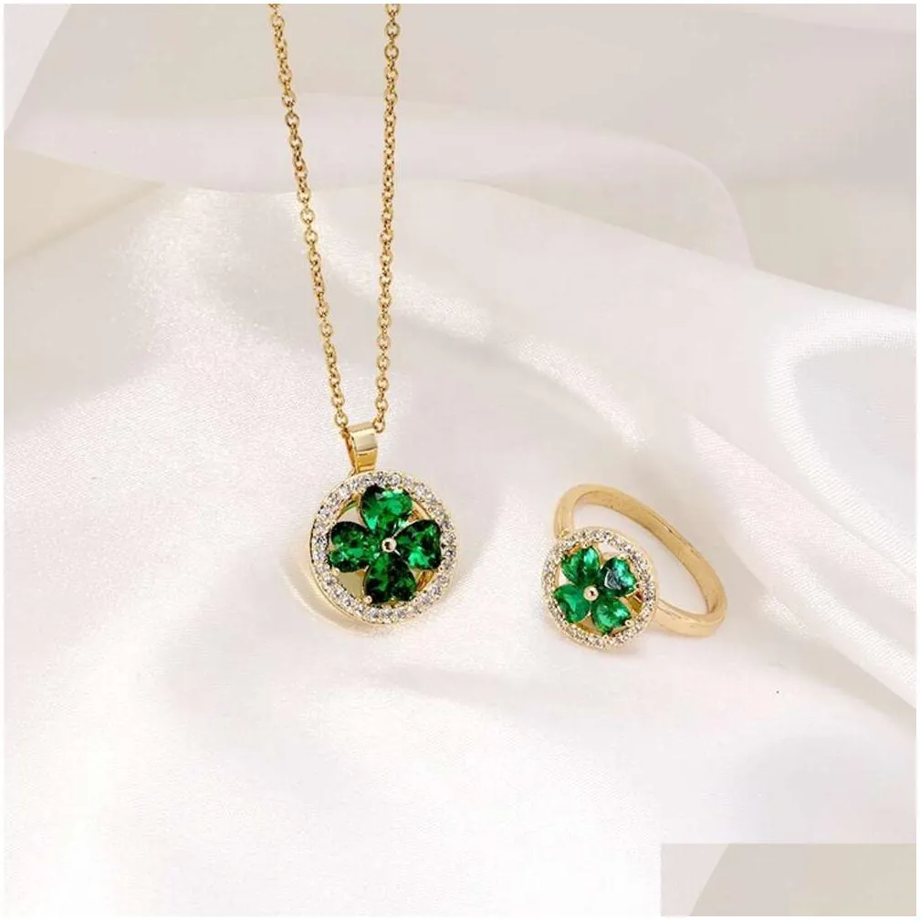 classic simple fashion lucky jewelry set rotate stainless steel heart clover zircon pendant women luxury necklace finger ring