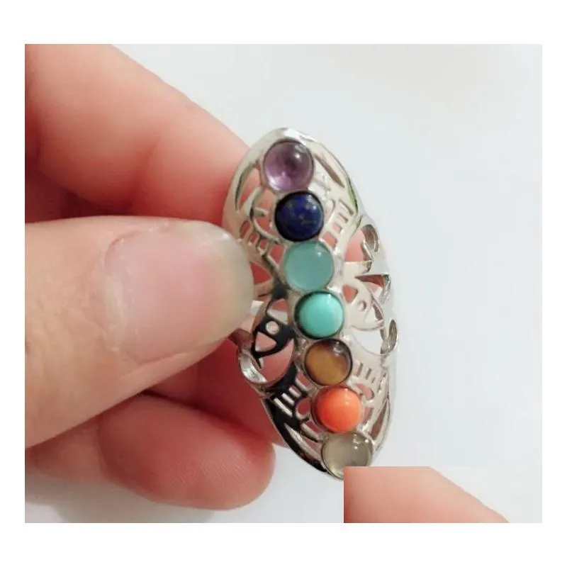 Band Rings Vintage 7 Chakra Stones Yoga Ring Hollow Sier Plated Adjustable Thumb Reiki Jewelry 80 N2 Drop Delivery Jewelry Ring Dhcot