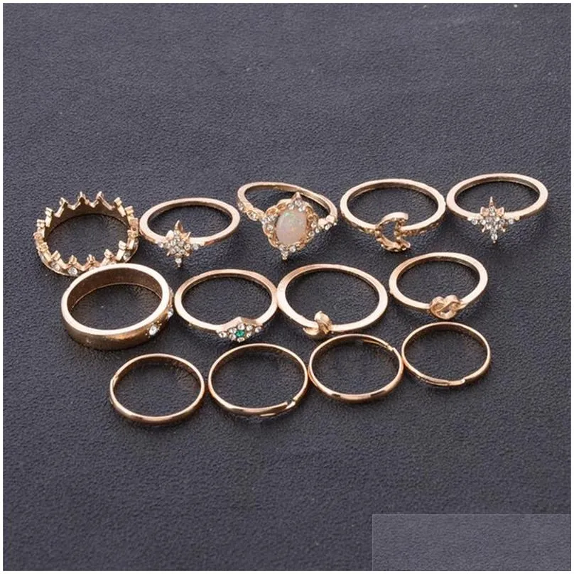 Band Rings Vintage Star Opal Crystal Finger Ring Set 13Pcs Bohemian Gold Moon Crown Knuckle Women Beach Wedding Party Jewelry Accesso Dhzq8