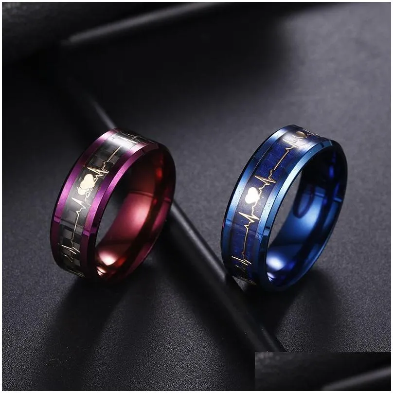 Band Rings Luminous Couple Ring 8Mm / 6Mm Glowing Heartbeat Ecg Purple Wedding Shining Love In The Dark 578 Z2 Drop Delivery Jewelry Dhznj