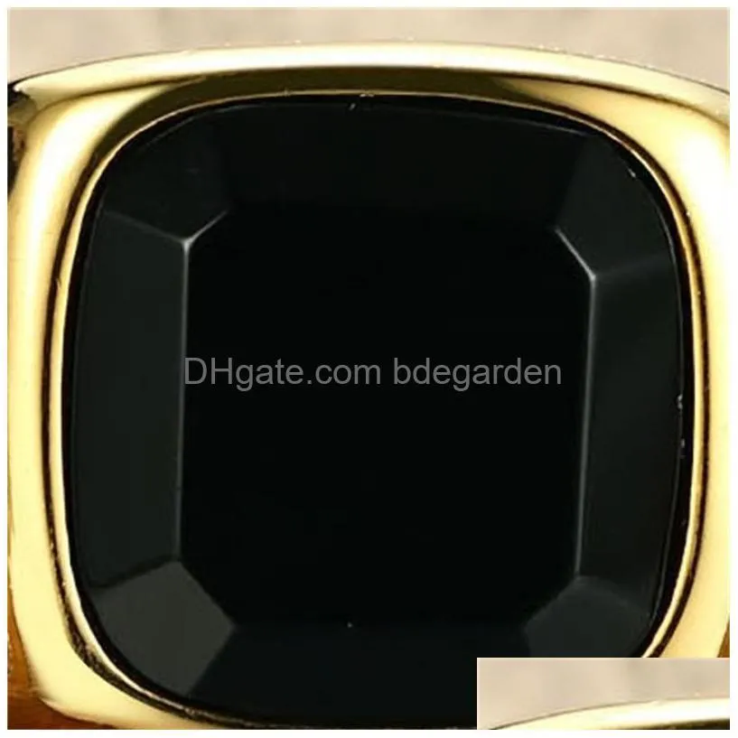 Band Rings Men Square Black Carnelian Semi-Precious Stone Signet Ring In Gold Tone Stainless Steel For Male Jewelry Anillos Accessori Dhmg2