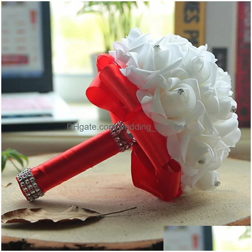 flowers foam rose bridal wedding bouquet wedding decoration crystals artificial flower bridesmaid bridal hand holding brooch