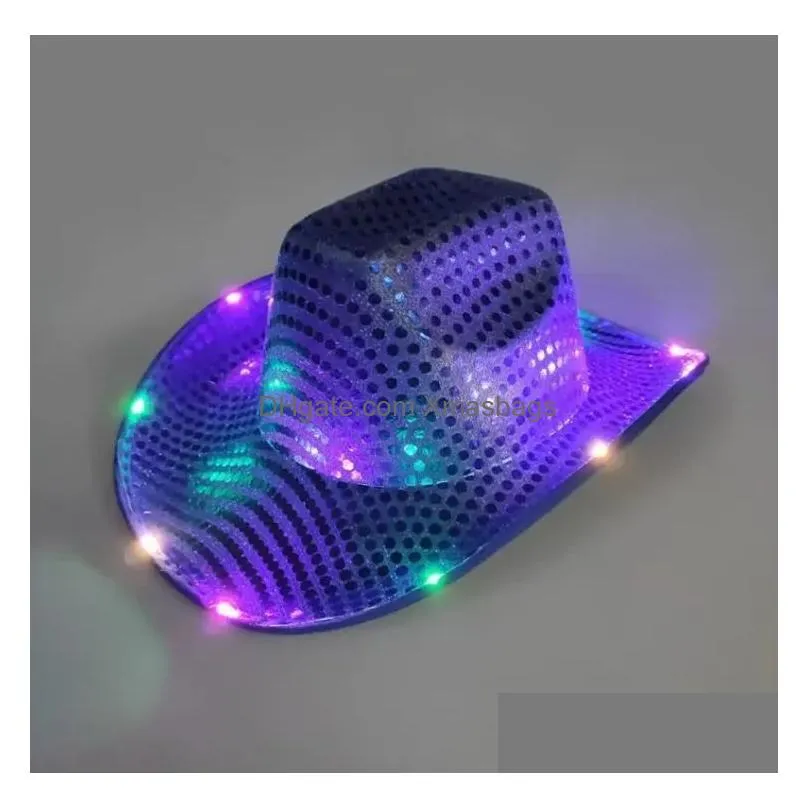 wholesale cowgirl led hat flashing light up sequin  hats luminous caps halloween costume dhs