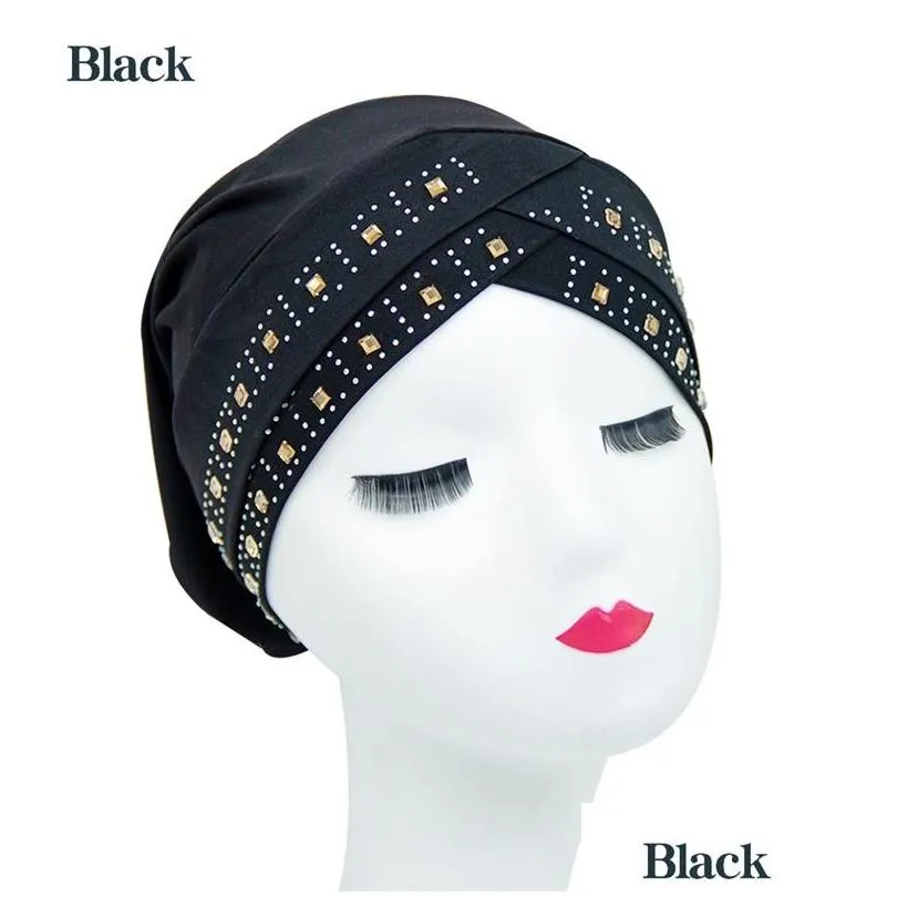 Bandanas Women Fashion Muslim Turban Hats Lady Rhinestone Pure Color Shredded Milk Chemo Hat Head Scarf New Pattern 7 8Dc J2 Drop Deli Dhf3S