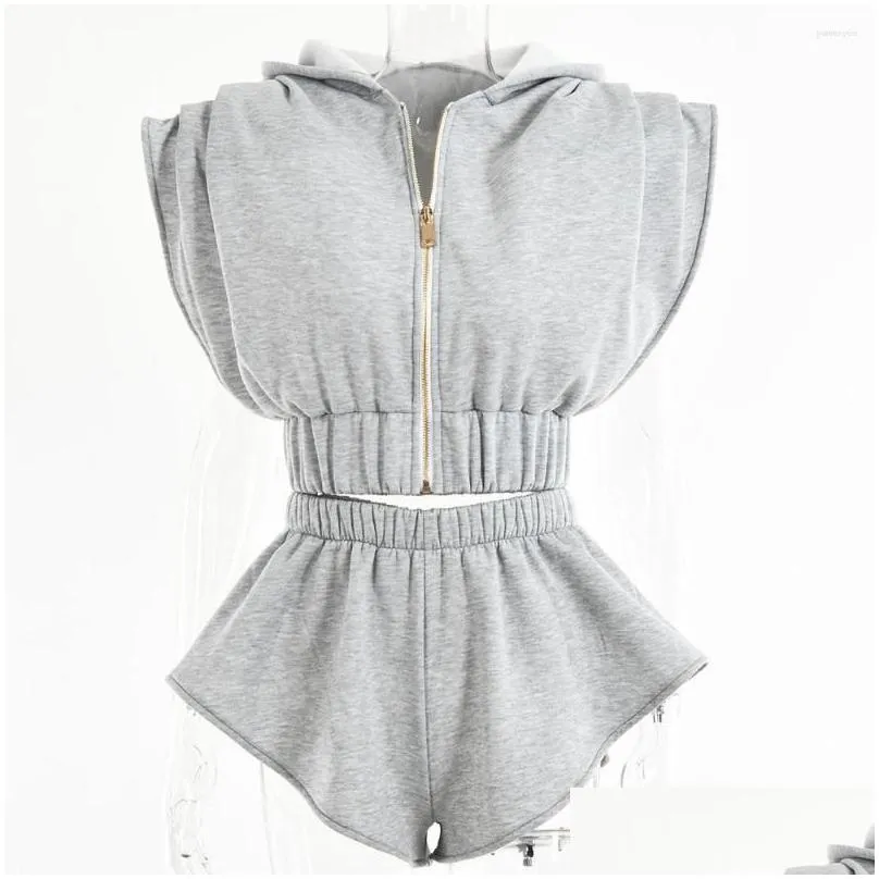 Women`S Tracksuits Womens Tracksuits Woman Loose Outfits Loungewear Padded Zipper Hooded Crop Top And Wide Leg Short 2 Piece Streetwe Dhetl
