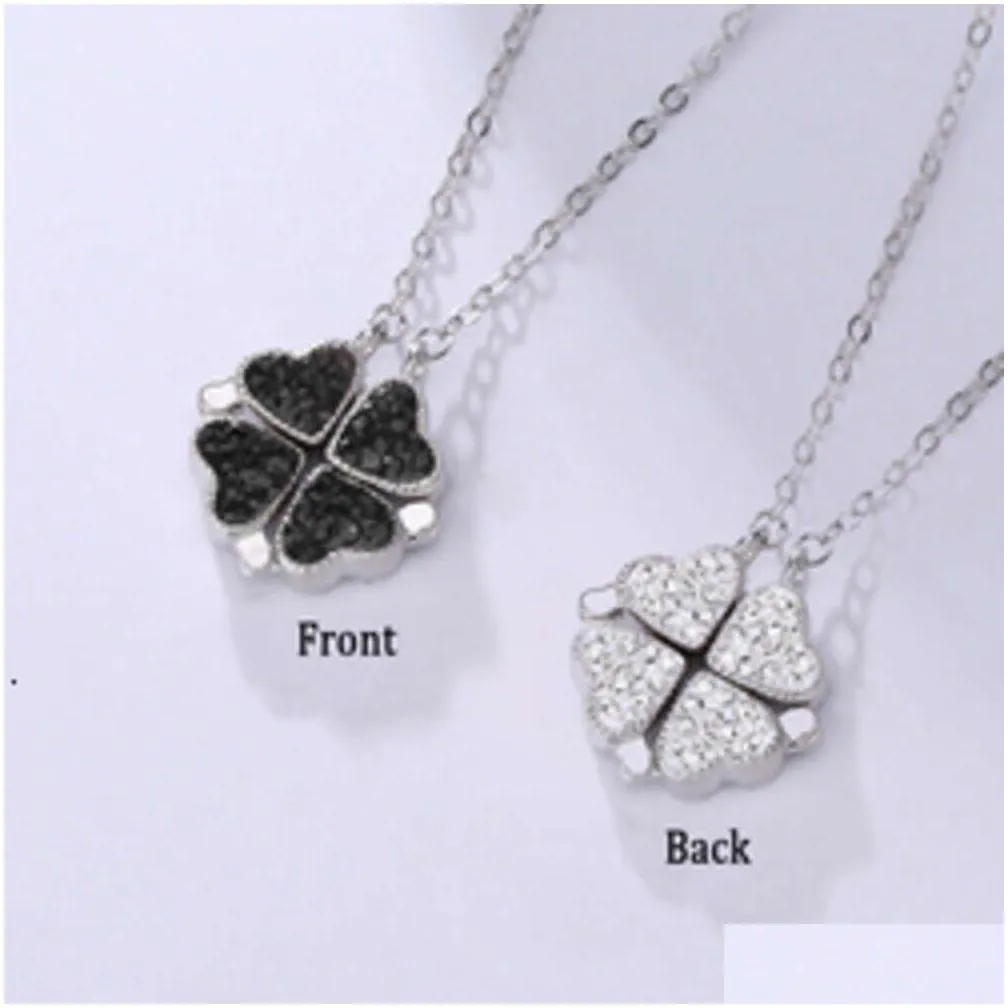 two wear four-leaf clover 4 love heart 925 silver iced out cubic zirconia magnetic folding pendant necklace for girl