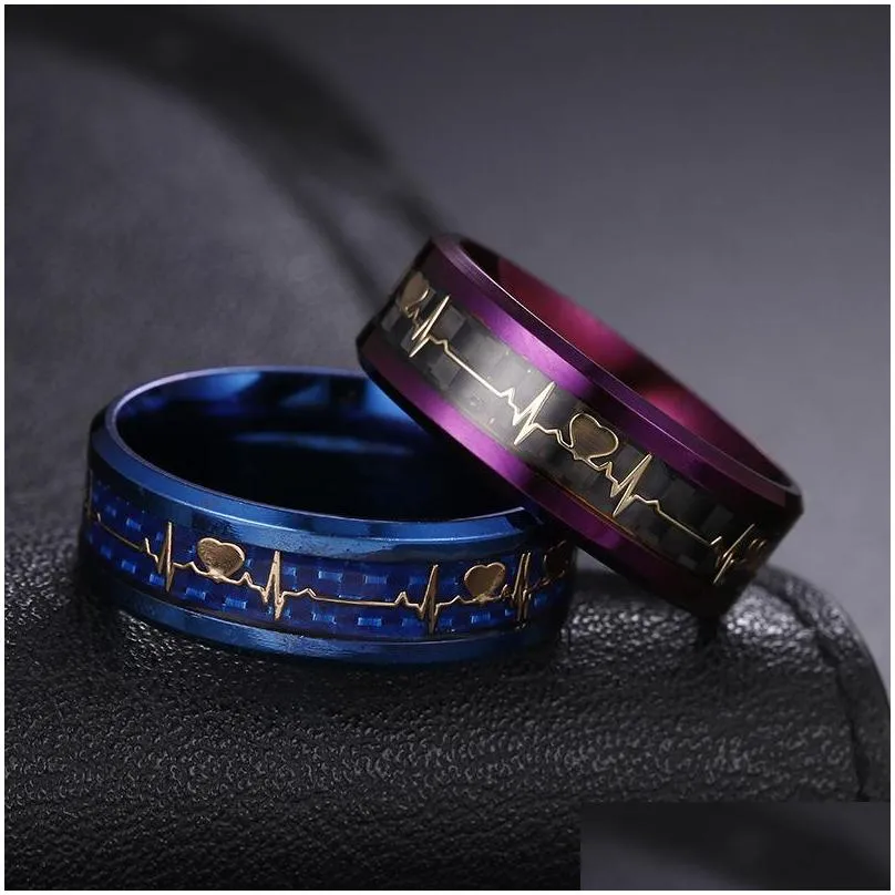 Band Rings Luminous Couple Ring 8Mm / 6Mm Glowing Heartbeat Ecg Purple Wedding Shining Love In The Dark 578 Z2 Drop Delivery Jewelry Dhznj