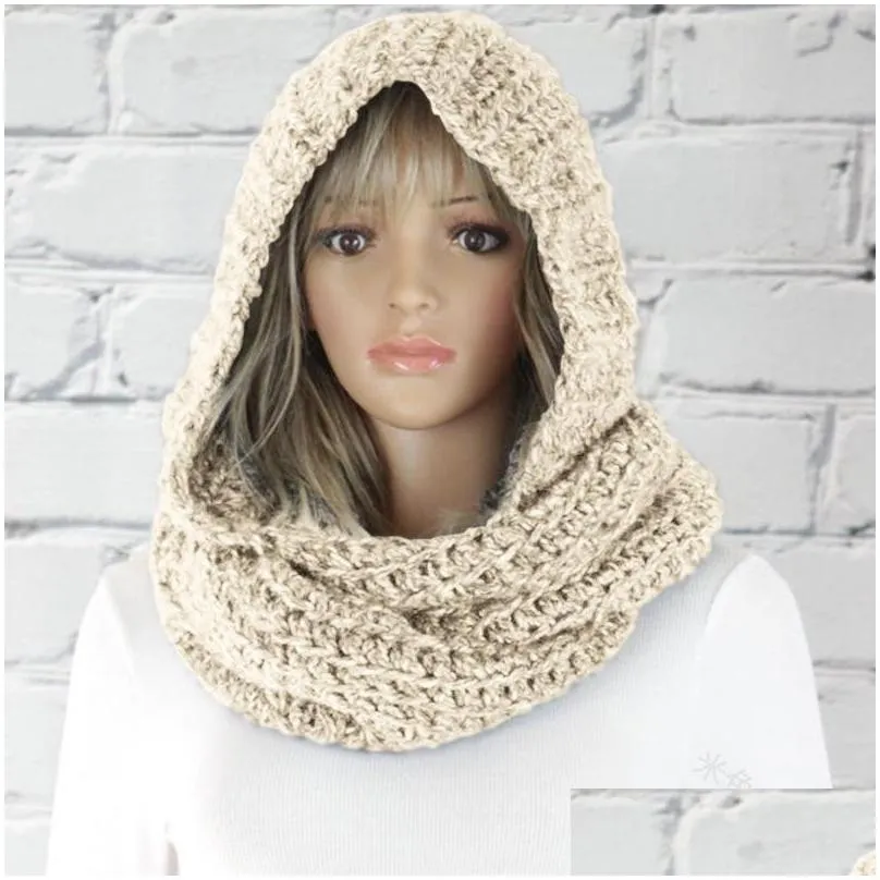 Scarves Fashion Hooded Scarves Neck Gaiter Men Women Pure Color Woolen Hat Lady Keep Warm Knitting Scarfs 28Lm J2 Drop Delivery Fashio Dhxfs