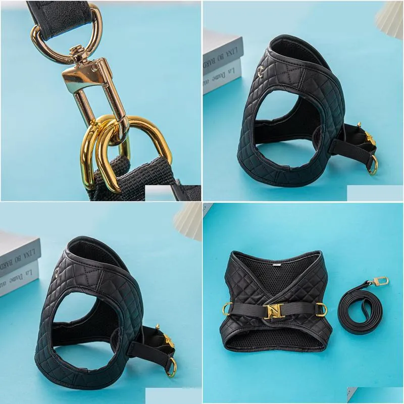 dog collar black leather harnesses chest backpocket cat dog collar traction rope luxury designer dog walking tool