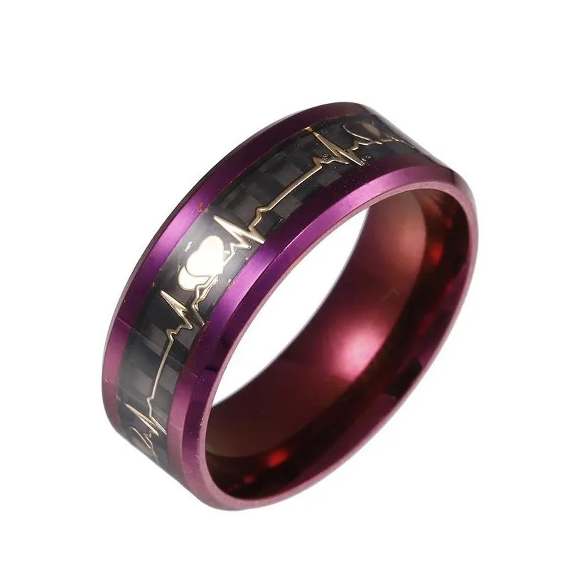 Band Rings Luminous Couple Ring 8Mm / 6Mm Glowing Heartbeat Ecg Purple Wedding Shining Love In The Dark 578 Z2 Drop Delivery Jewelry Dhznj