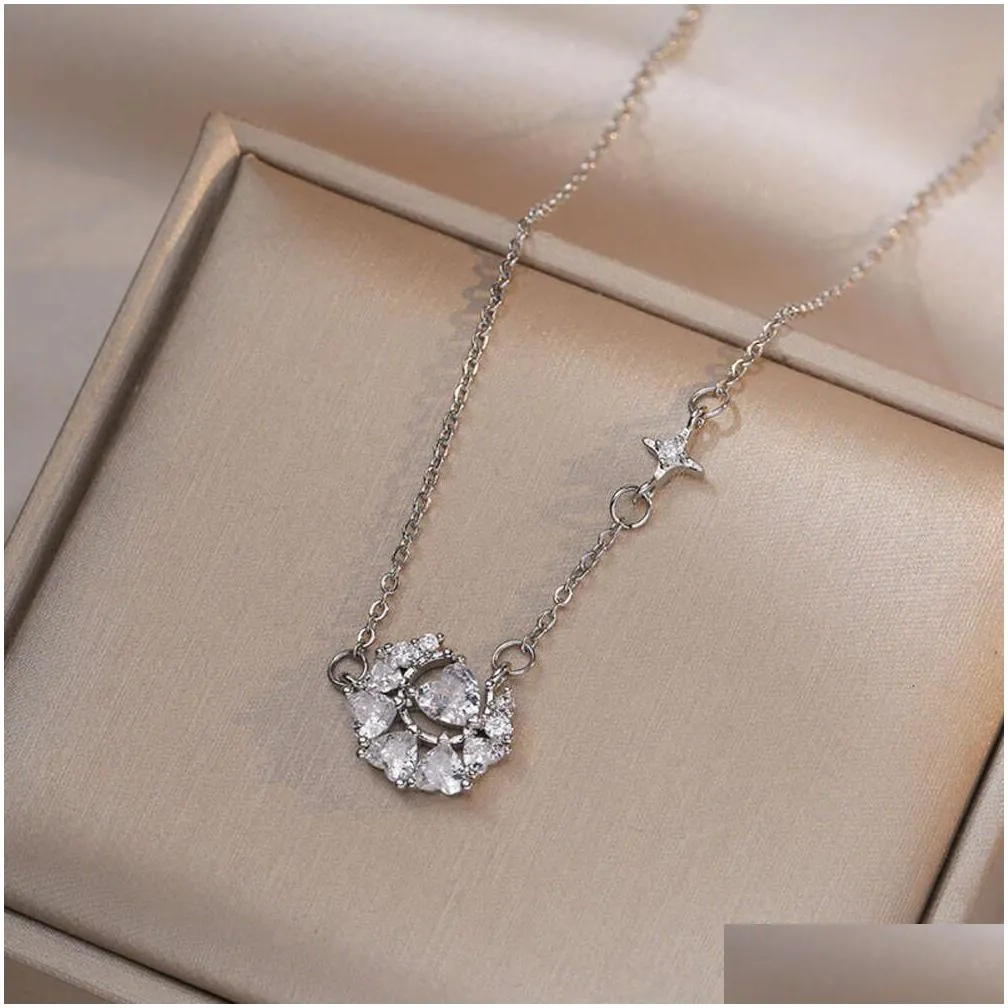 luxury necklace earring ring set silver needle hollow zircon clover necklace pink cz heart moon necklace for women