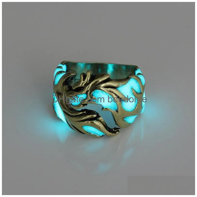 Band Rings Fashion Glow In The Dark Ring Vintage Retro Mens Luminous Dragon Shape Finger Rings For Male Punk Jewelry Gift 296 G2 Drop Dhj1E