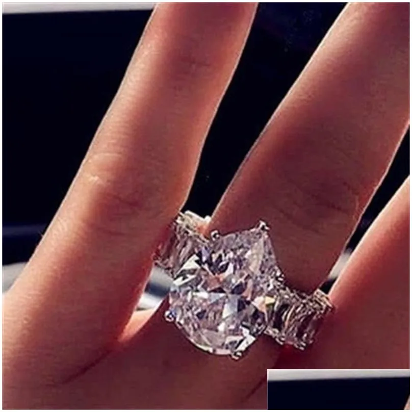 Wedding Rings Alloy Size 5-10 Top Sell Wedding Luxury Jewlry Sier Water Drop Pear Cut White Topaz Big Cz Diamond Gemstones Women Band Dhaic