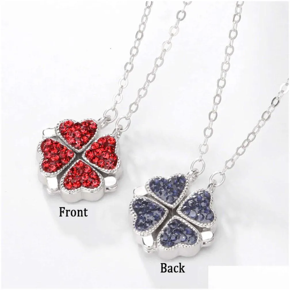 two wear four-leaf clover 4 love heart 925 silver iced out cubic zirconia magnetic folding pendant necklace for girl