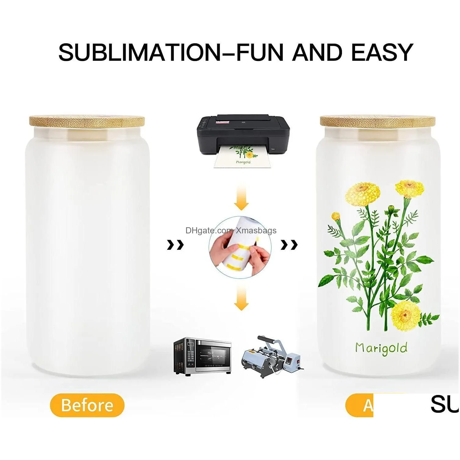 us stock 16oz sublimation glass can glasses beer glass tumbler frosted drinking with bamboo lid and reusable straw 0427