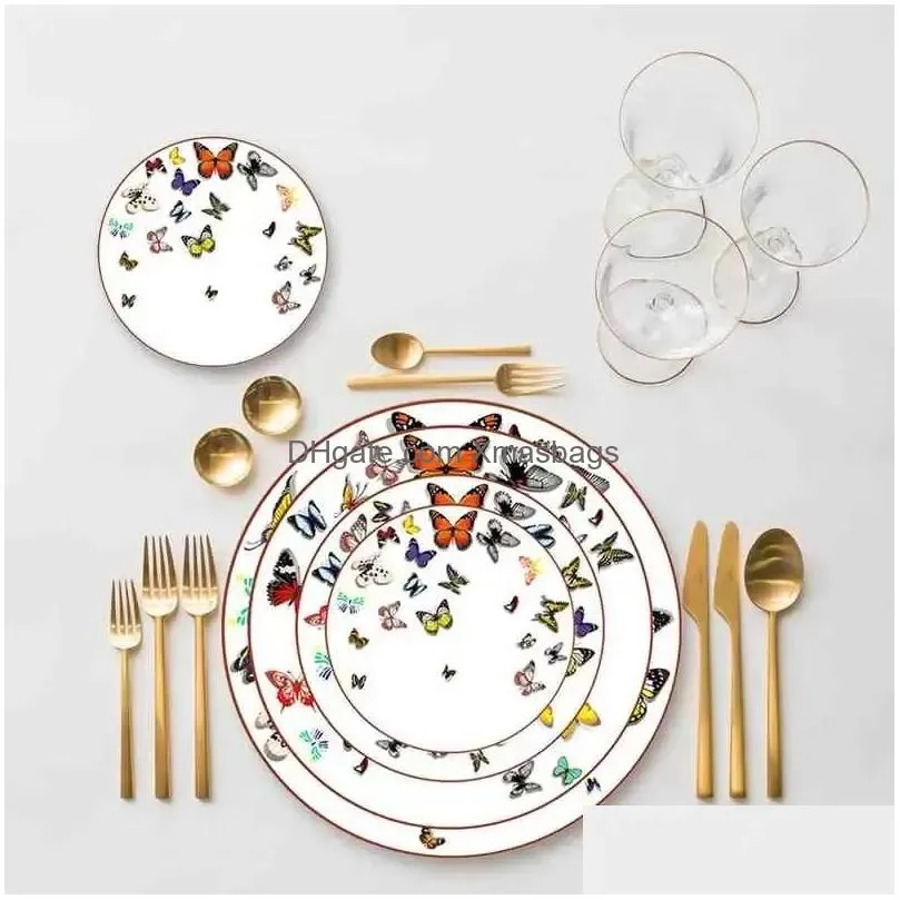  ceramic tray steak flat plate dish gold rim tableware butterfly pure white tableware cake plate home dining bone china plate