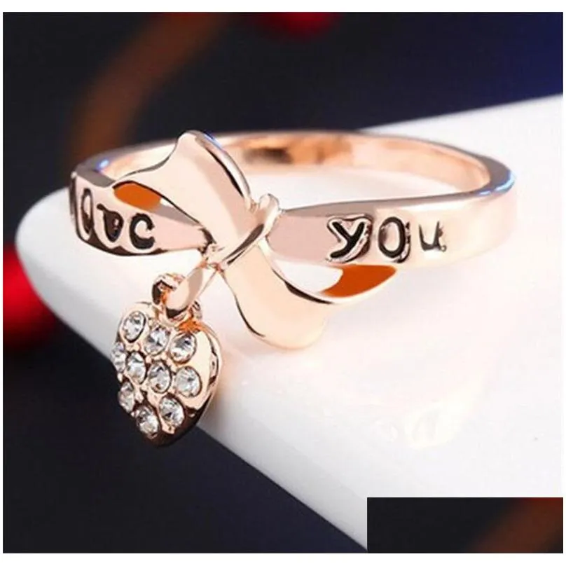 Band Rings Lzeshine Brand Black Enamel Love You Ring Heart Bow 18K Rose Gold Plate Austrian Crystal Element Rings Word Ri-Hq1055-A 10 Dht7X