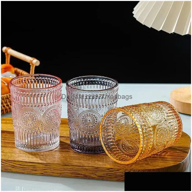 72 pieces /carton vintage drinking glasses romantic water glasses embossed romantic glass tumbler for juice beverages beer cocktail