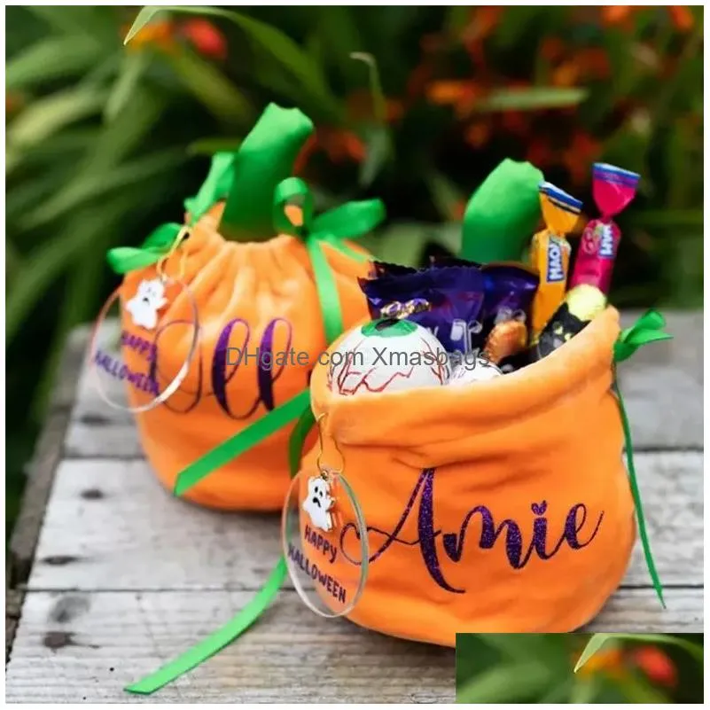wholesale trick or treat candy pouch bucket orange velvet pumpkin basket halloween bags ready to ship