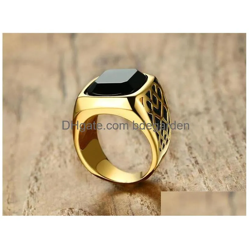 Band Rings Men Square Black Carnelian Semi-Precious Stone Signet Ring In Gold Tone Stainless Steel For Male Jewelry Anillos Accessori Dhmg2