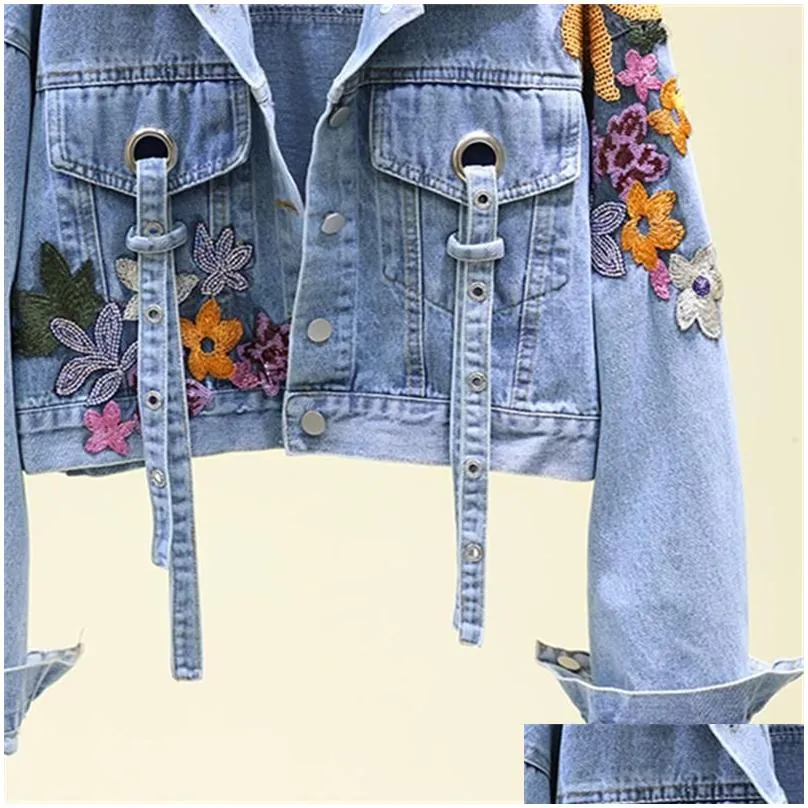 Women`S Jackets Womens Jackets Spring Denim Jacket Women Fashion Flowers Embroidery Sequins Short Jeans Vintage Loose Streetwear Drop Dh8Oj