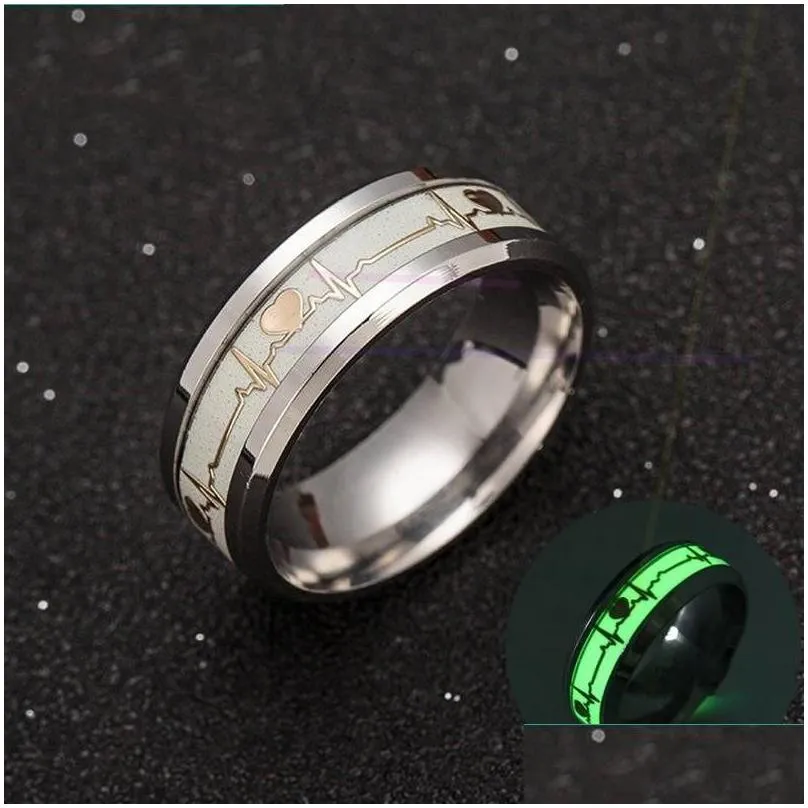 Band Rings Luminous Couple Ring 8Mm / 6Mm Glowing Heartbeat Ecg Purple Wedding Shining Love In The Dark 578 Z2 Drop Delivery Jewelry Dhznj