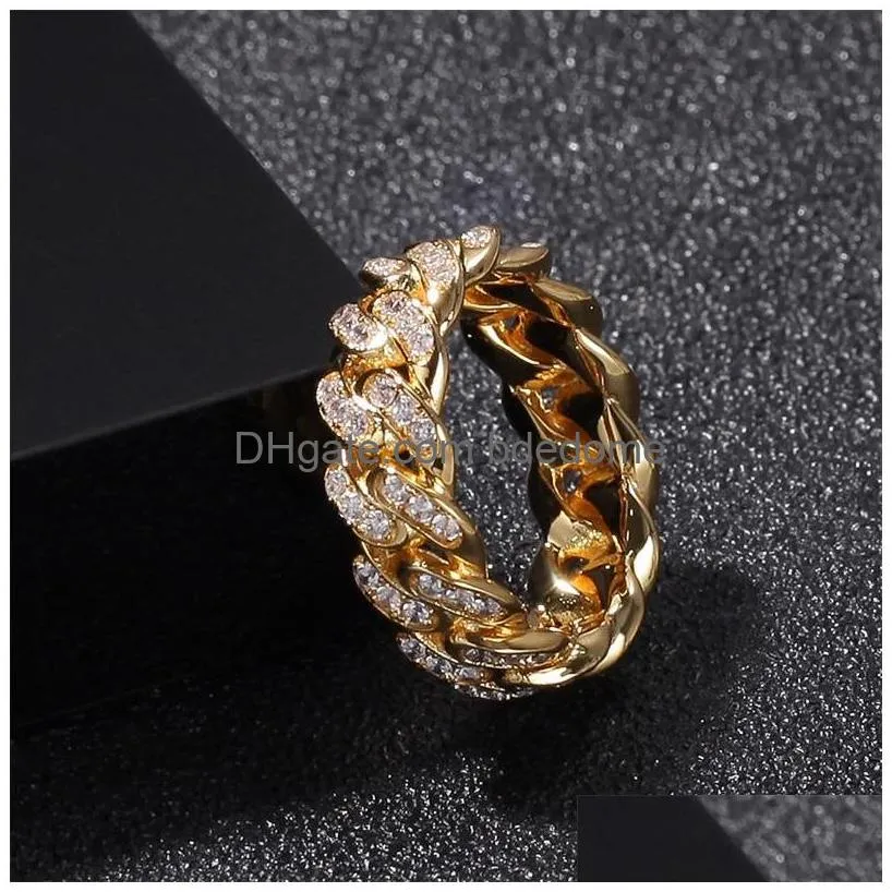 Band Rings 8Mm Mens Cuban Link Chain Ring Hip Hop Zircon Stone Gold Sier Iced Out For Women Hiphop Jewelry Gift 301 G2 Drop Delivery Dhi7B