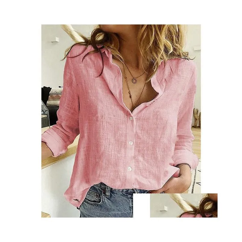 Women`S Blouses & Shirts Womens Blouses Shirts Women Fashion Lady Button Up Woman Tops Autumn White Cotton Linen Blouse Casa Long Sle Dh4P0