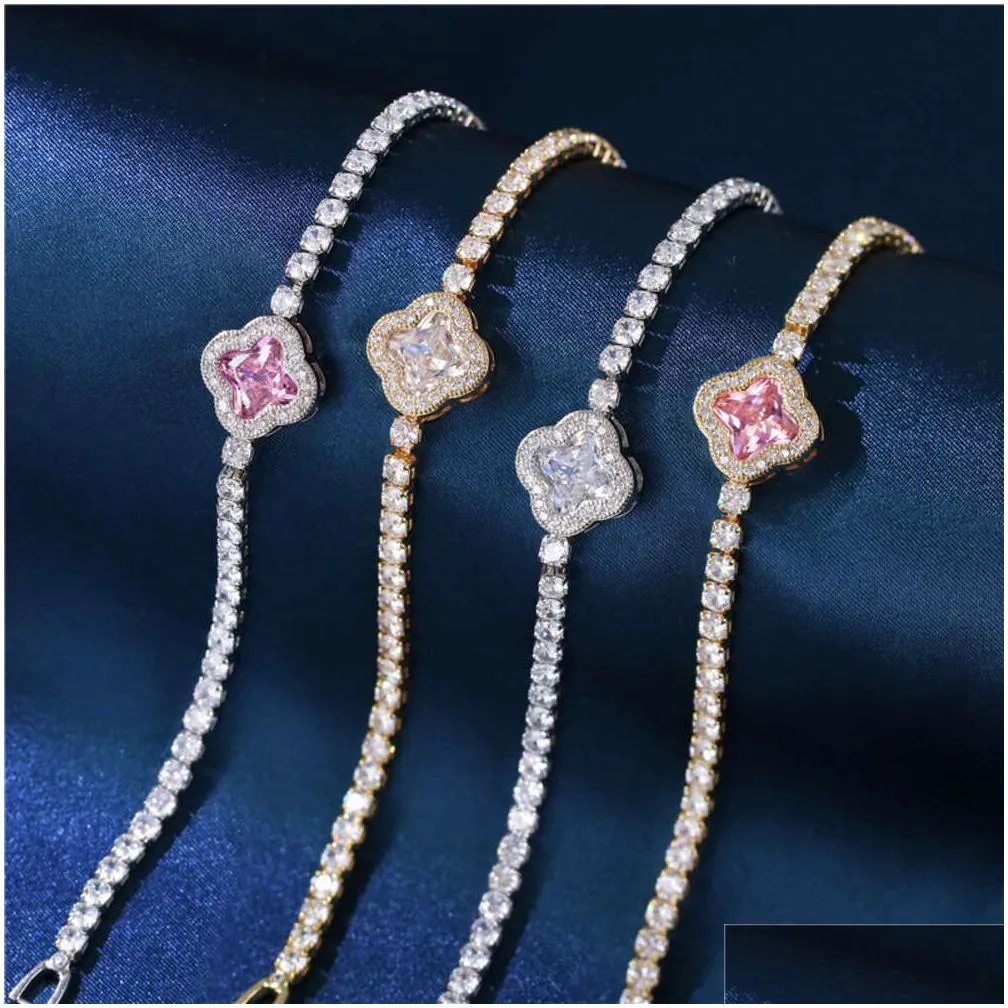 luxury white pink crystal zircon four leaf clover necklace set earrings tennis bracelets for women wholesale jewelry fashion