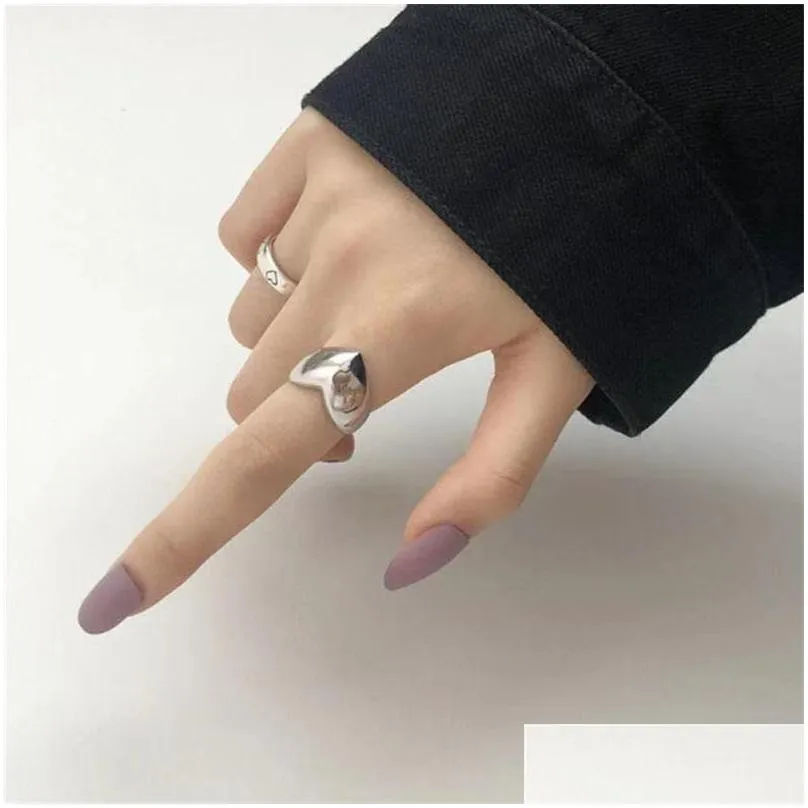 Band Rings Fashion Heart Shape Ring Simplicity Wide Face Rings Opening Chaoren Hip Hop Female Sier Plated Jewellery 1 3Ce Y2 Drop Del Dhlcu