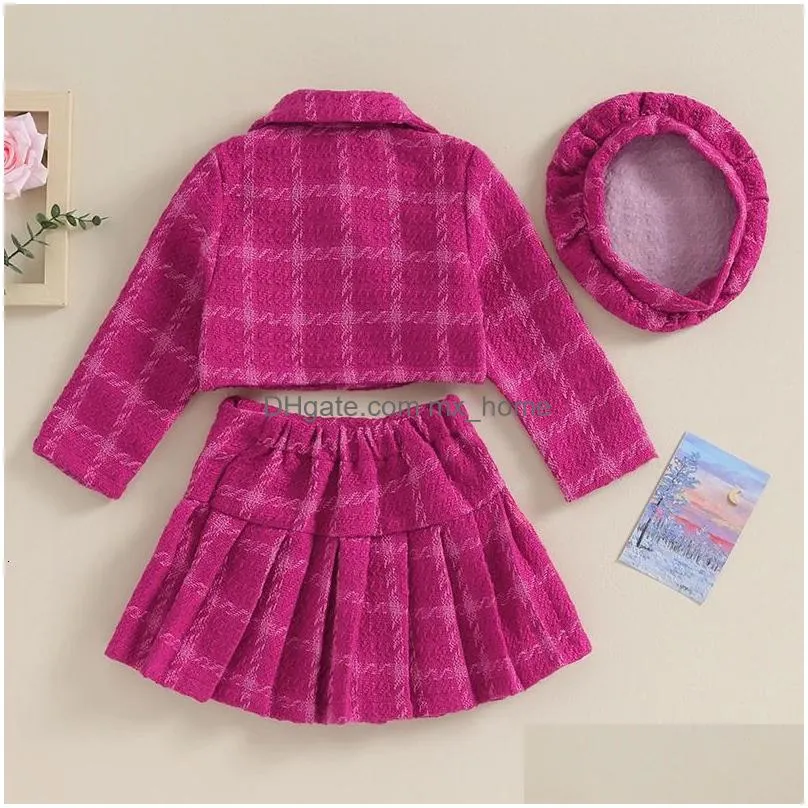 family matching outfits 4 7y fashion kids girls autumn clothes sets 3pcs baby long sleeve button coat pleated plaid skirt hat children warm