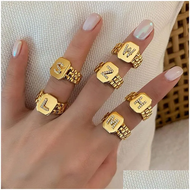 Band Rings 2021 Trendy Hiphop Adjustable 18K Gold Plated Aaa Zircon A-Z Letter Ring Watchband Square Statement Initial Rings For Wome Dhtvc