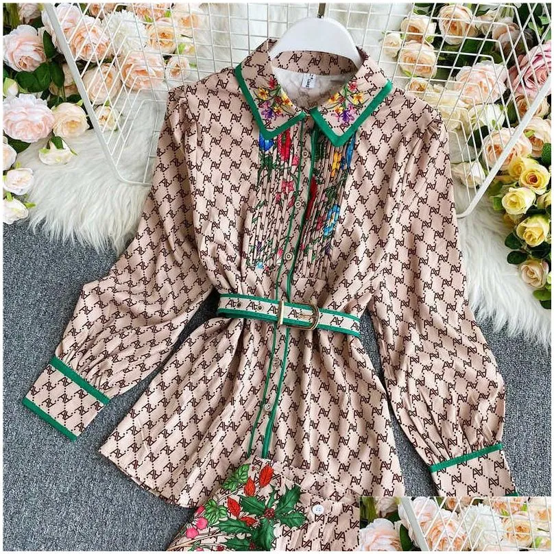Women`S Two Piece Pants Womens Two Piece Pants Fashion Vintage Set 2022 Summer Turn Down Collar Long Sleeves Blouse Lady Tops Shorts Dhcgu
