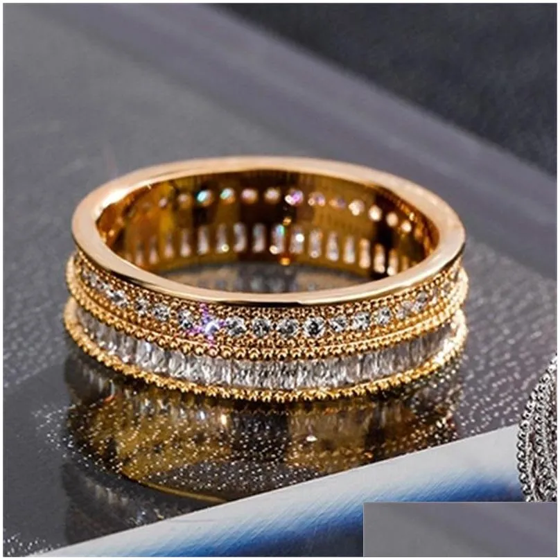 Wedding Rings 18K Gold Plating Wedding Rings Jewelry 5Mm Width Fashion Bling Cubic Zirconia Copper Men Women Egagement Party Band Gif Dhxqv