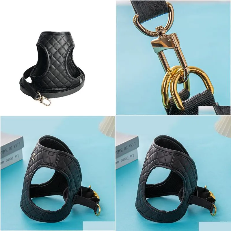 dog collar black leather harnesses chest backpocket cat dog collar traction rope luxury designer dog walking tool