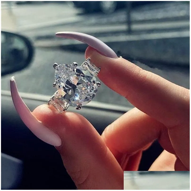 Wedding Rings Alloy Size 5-10 Top Sell Wedding Luxury Jewlry Sier Water Drop Pear Cut White Topaz Big Cz Diamond Gemstones Women Band Dhaic