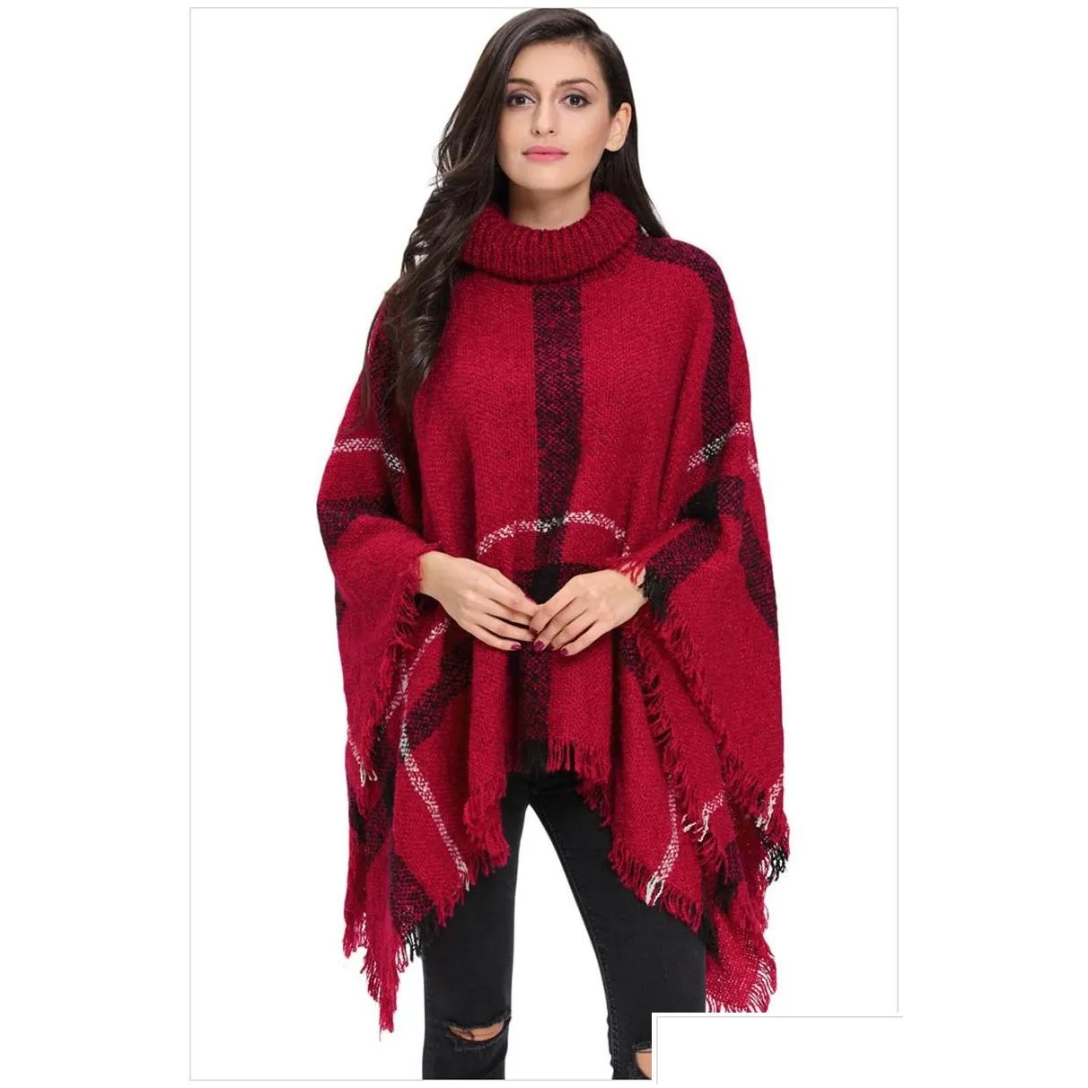 Shawls Women Poncho Sweaters Coat Lady Medium Length High Collar Tassels Shawl Loose Large Size Sweater Knit Shirt 24Mm J2 Drop Delive Dhmpf